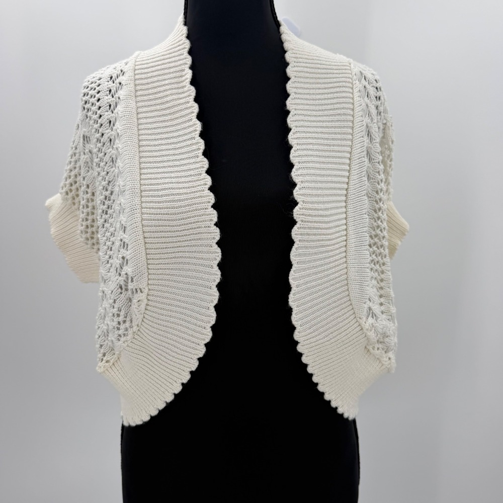 Bobbie Bee Crochet Shrug Cardigan XL Ivory Open Front Short Sleeve Knit Boho USA
